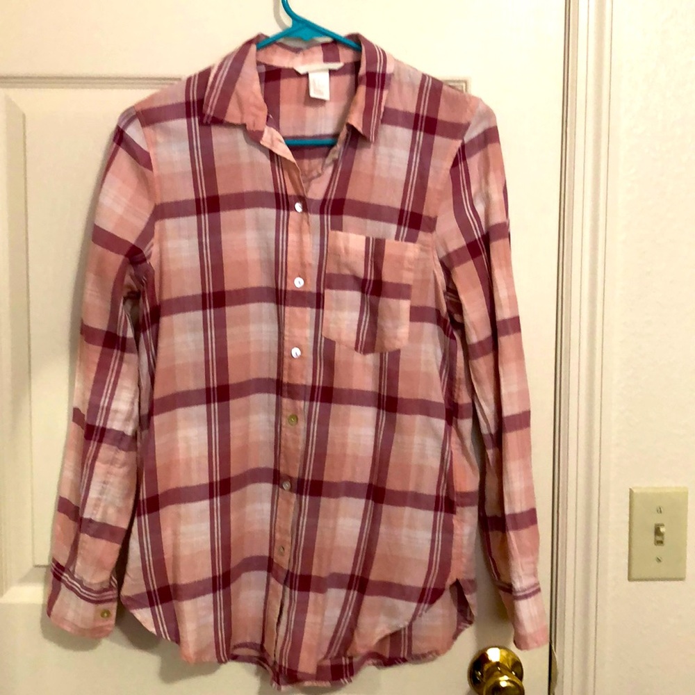 Pink and burgundy plaid button up top